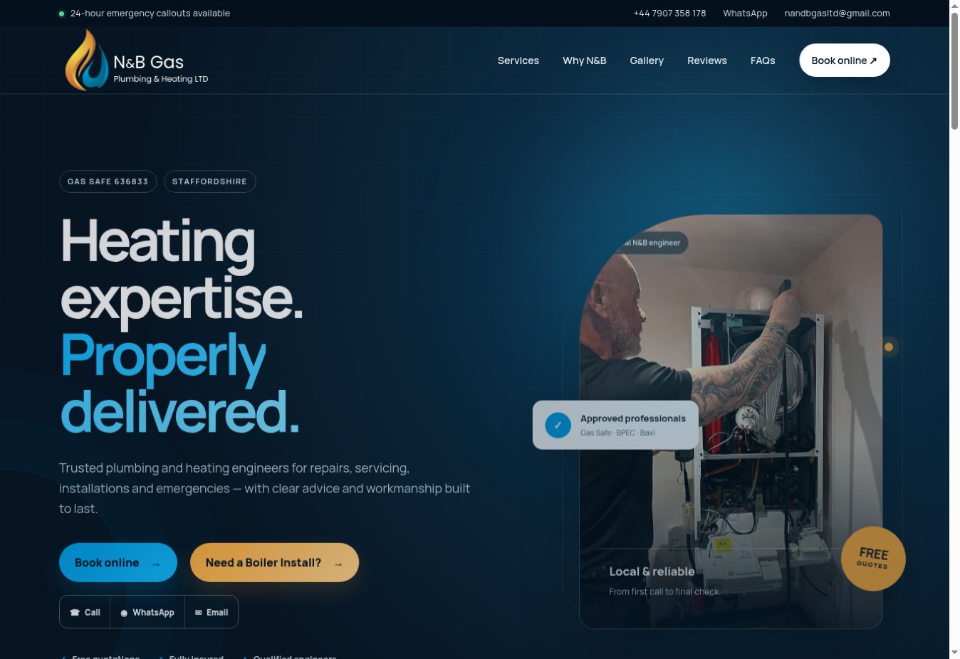 The live N&B Gas & Plumbing homepage
